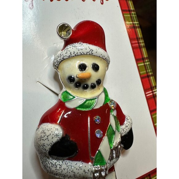 Vintage Inspired Happy Holidays Santa Snowman Brooch Pin Rhinestone Scarf - Picture 5 of 8
